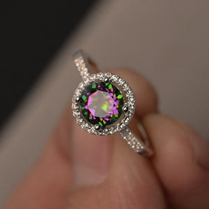Mystic Topaz Ring Halo Ring Rainbow Topaz Gemstone Ring Promise Ring Silver Engagement Ring