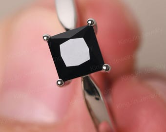Princess Cut Black Spinel Solitaire Ring Silver Black Stone Engagement Ring