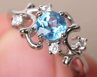 Genuine Swiss Blue Topaz Art Deco Ring Solid Silver Round Cut November Birthstone Ring