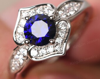 Round Shaped Sapphire Flora Wedding Ring Silver Double Heart September Birthstone Ring