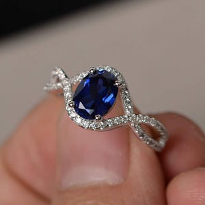 Sapphire Engagement Ring Oval Cut Promise Ring for Her Gemstone Ring Silver