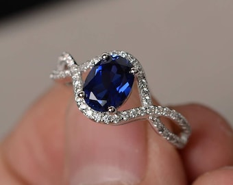 Sapphire Engagement Ring Oval Cut Promise Ring for Her Gemstone Ring Silver