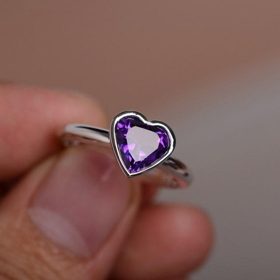 Natural Purple Amethyst Ring Heart Ring Bezel Setting Promise Ring for Her Engagement Ring February Birthstone Ring