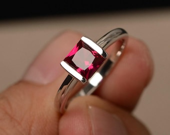 Red Ruby Rings Solitaire Ring July Birthstone White Gold Rings Princess Cut
