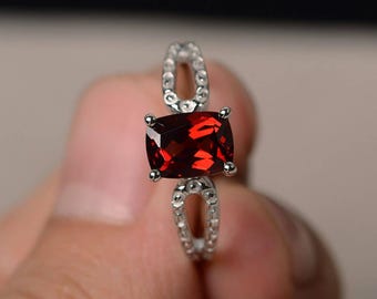 Natural Red Garnet Rings Anniversary Rings January Birthstone Sterling Silver Rings Cushion Cut Red Gemstone Romantic Rings