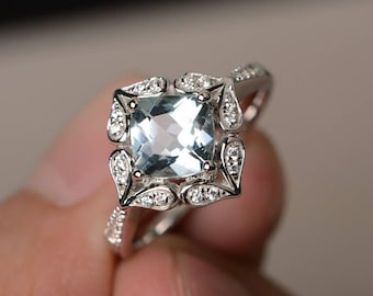 Promise Ring Natural Aquamarine Ring Cushion Cut Gemstone Blue Gems Sterling Silver Ring March Birthstone Ring