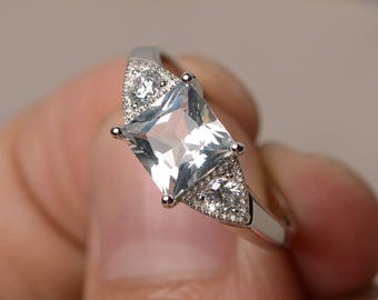 Natürlicher weißer Topas Ring Princess Cut Ehering Edelstein Sterling Silber Ring