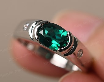 Minimalist Smaragd Ring für Männer Sterling Silber Comfort Fit Verlobungsring Oval Cut Mai Birthstone Ring