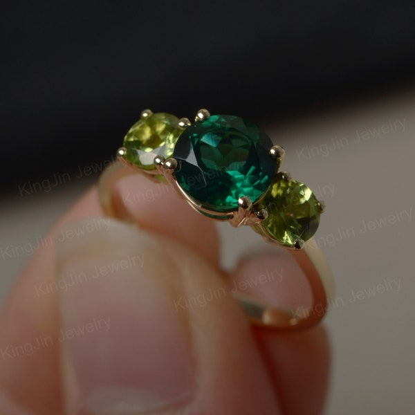 Emerald Yellow Gold Ring Three Stone Ring Engagement Ring May August Birthstone Ring