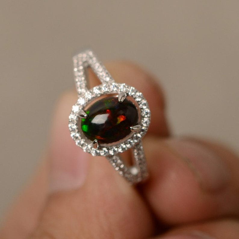 Black Opal Ring Sterling Silver Halo Ring image 2
