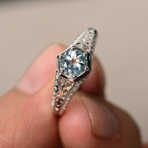 Natural Aquamarine Rings Sterling Silver Rings Round Cut Rings Blue Gemstone March Birthstone Rings Solitaire Rings