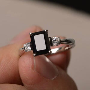 Natural Black Spinel Ring Cocktail Party Ring Emerald Cut Black Gemstone Ring Sterling Silver Ring