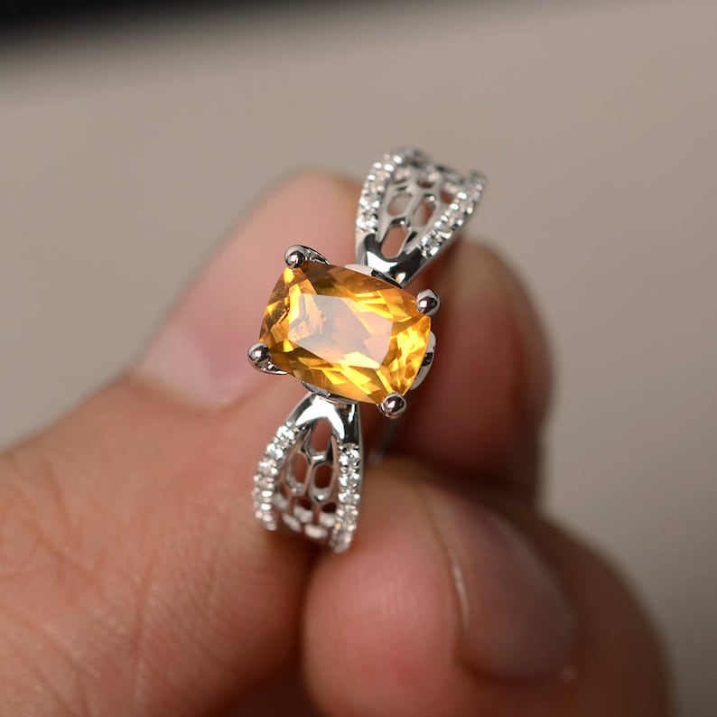Real Natural Citrine Rings Engagement Rings Cushion Cut Rings Yellow Gemstone Rings Solid Silver Rings