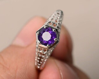 Natural Amethyst Anniversary Rings Solid Silver Rings Round Cut Rings Purple Gemstone February Birthstone Rings