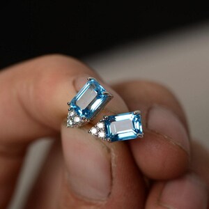Swiss Blue Topaz Earrings Stud Sterling Silver Emerald Cut Earrings