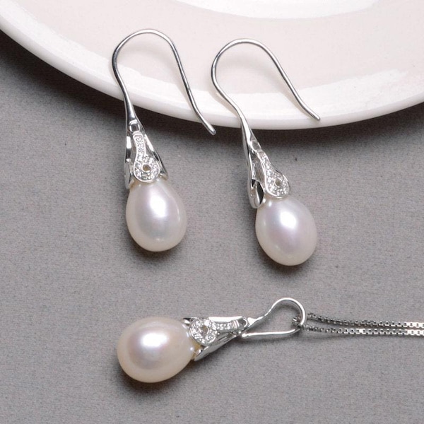 Freshwater Pearl Necklace Jewelry Set Include Pendant and Bridal Pearl Earrings  Wedding Pearl Necklace Drop