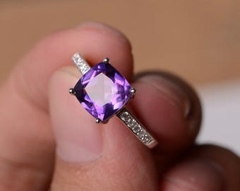 本物の天然アメジストリング パープルクォーツクリスタル 宝石ジュエリー クッションカット スターリングシルバーリング