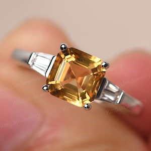 Asscher Cut Citrine Engagement Ring with Baguette Side Stone Sterling Silver November Birthstone Ring