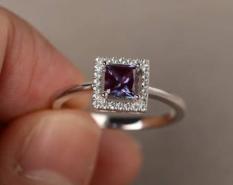 Alexandrite Ring Anniversary Ring Square Cut Gemstone Color Changing Ring June Birthstone Sterling Silver Ring