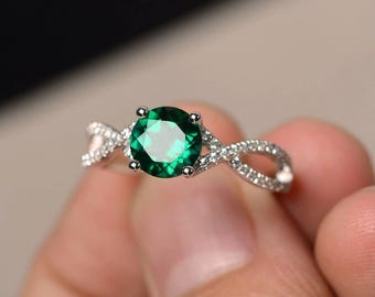 Anillos de plata con esmeralda, anillos para cóctel, piedra de nacimiento de mayo, anillos de plata con piedras preciosas verdes de corte redondo, anillo único