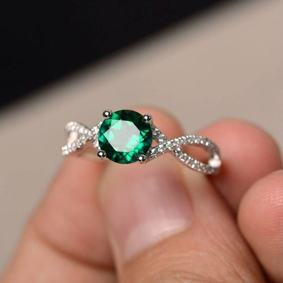 Emerald Silver Rings Cocktail Party Rings May Birthstone Round Cut Green Gemstone Silver Rings Unique Ring