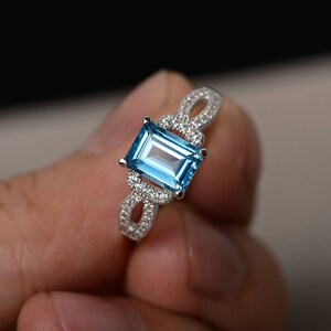 Swiss Blue Topaz Ring Emerald Cut Wedding Engagement Rings Silver Gemstone Jewelry