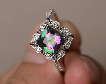 Mystic Topaz Ring Anniversary Ring Rainbow Topaz Ring Cushion Cut Rainbow Gemstone Sterling Silver Ring