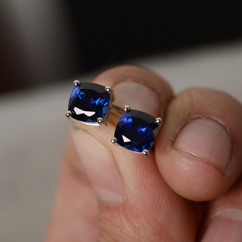 Lab sapphire Earring Stud Sterling Silver September Birthstone Gemstone Cushion Cut Sapphire Stud image 3