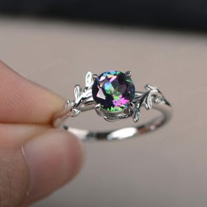 Rainbow mystic topaz ring round cut branch ring leaves ring solitaire white gold ring