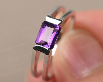 East West Engagement Ring Sterling Silver Simple Amethyst Ring Emerald Cut Februay Birthstone Ring