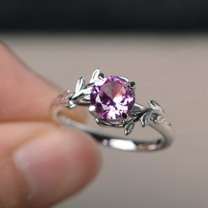 lab pink sapphire round shaped gemstone branch ring twig sterling sliver ring for women