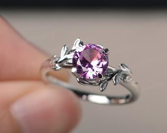 lab pink sapphire round shaped gemstone branch ring twig sterling sliver ring for women