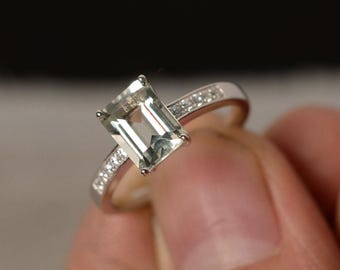 Natural Green Amethyst Ring Emerald Cut Engagement Ring Sterling Silver