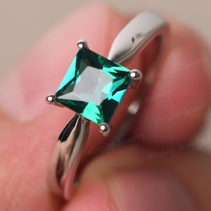 Minimalist Emerald Wedding Ring 14K White Gold Princess Cut May Birthstone Ring