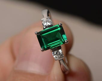 Verlobungsring Smaragd Ring Mai Birthstone Ring Smaragdschliff grüner Edelstein Ring Sterling Silber Ring