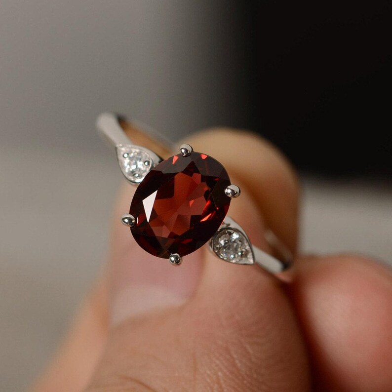 Red Garnet Ring Sterling Silver Oval Gemstone Ring Engagement Rings image 3