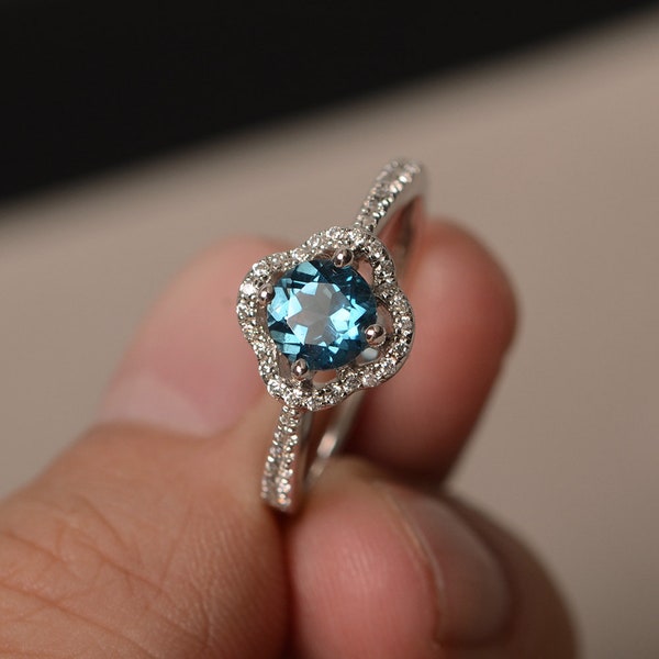 London Blue Topaz Ring  Round Cut Blue Gemstone ring Sterling Silver Ring Engagement Ring Halo Ring