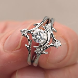 Custom Sun and Moon Wedding Ring Sets Sterling Silver Moissanite Ring Crescent Moon Branch Ring