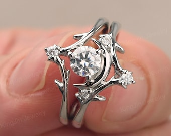 Custom Sun and Moon Wedding Ring Sets Sterling Silver Moissanite Ring Crescent Moon Branch Ring
