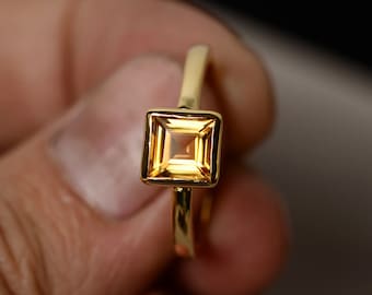 Citrine Ring Square Cut November Birthstone Ring Sterling Silver Yellow Gold Plated