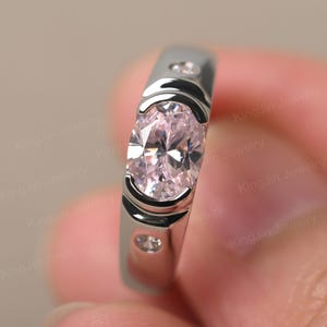 Minimalist Pink Cubic Zirconia Ring Oval Shaped 8X6 mm Sterling Silver Width Band Wedding Ring