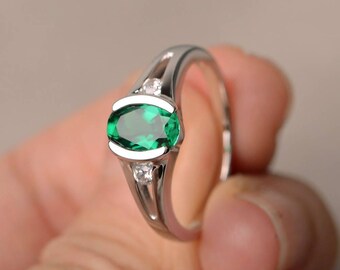 May Birthstone Ring Wedding Ring Oval Cut Lab Emerald Ring Sterling Silver Ring Green Gemstone