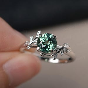 Green Sapphire Engagement Ring Round Cut sterling sliver solitaire branch ring