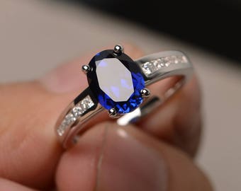 Blue Sapphire Ring Oval Cut Engagement Ring  Blue Gemstone September Birthstone Ring Sterling Silver Ring