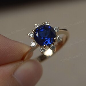 Sapphire ring round cut September birthstone yellow gold ring for women