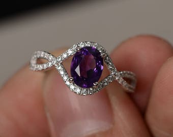 Natural Amethyst Ring Silver Oval Shaped Engagement Ring Infinity Ring Purple Gemstone Ring