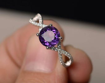 Natural Amethyst Rings Promise Rings Round Cut Purple Gemstone Ring Solid Silver Ring Wedding Gifts