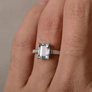 Natural Aquamarine Ring March Birthstone Ring Promise Ring Engagement Ring Sterling Silver Emerald Cut Gemstone Ring Anniversary Ring image 4