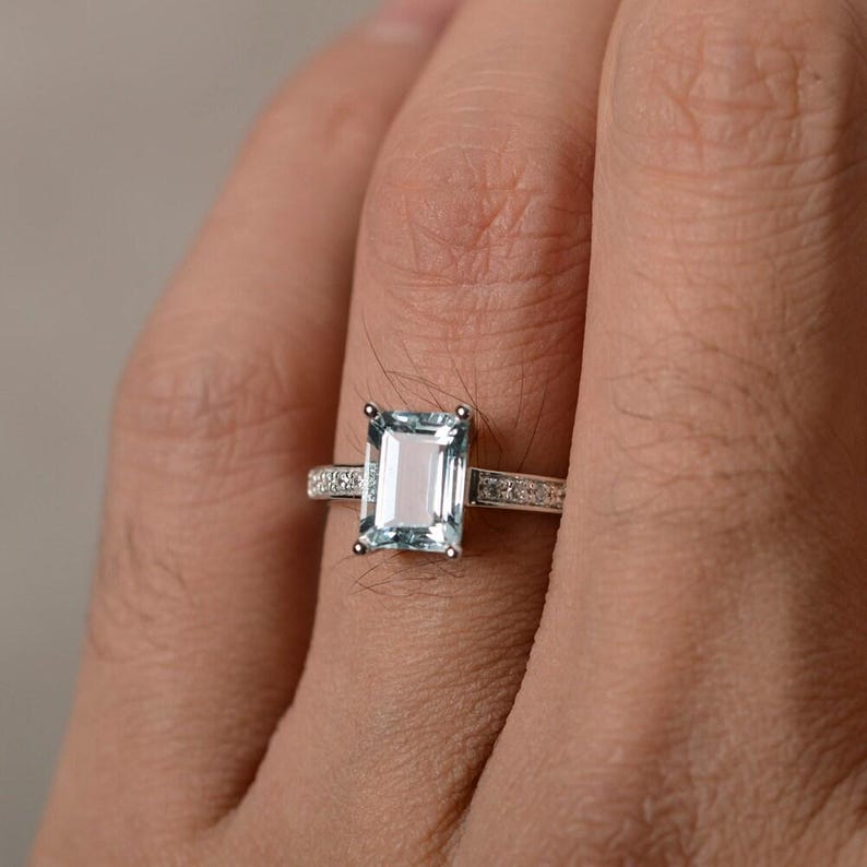 Natural Aquamarine Ring March Birthstone Ring Promise Ring Engagement Ring Sterling Silver Emerald Cut Gemstone Ring Anniversary Ring image 4