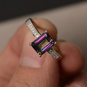 Rainbow Mystic Topaz Rings Emerald Cut Gemstone Rings Engagement Ring Promise Ring for Girl Sterling Silver 925